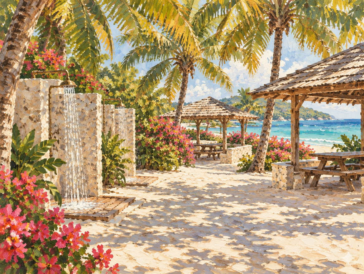 Painted open-air showers and picnic shelters under palms behind a beach