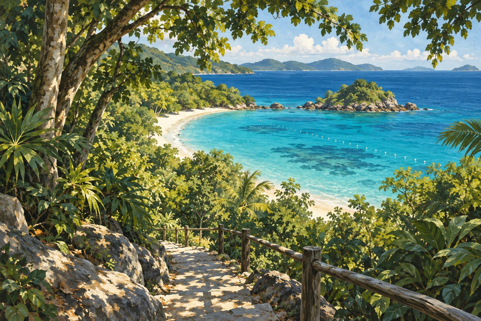 Painted forest path descending toward a turquoise island beach