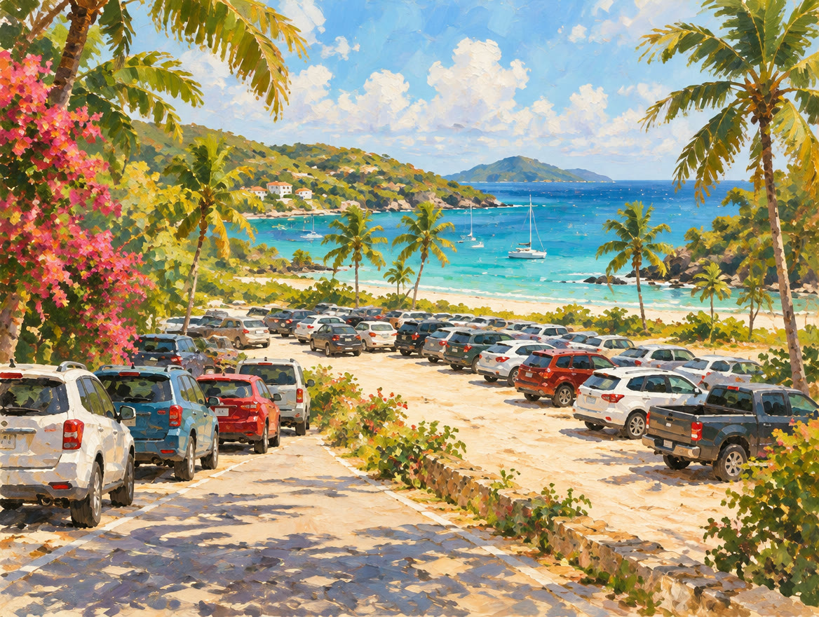Painted full parking lot behind a beach with every space taken