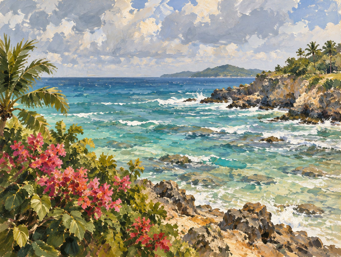 Painted choppy water over a shallow reef under a cloudy sky
