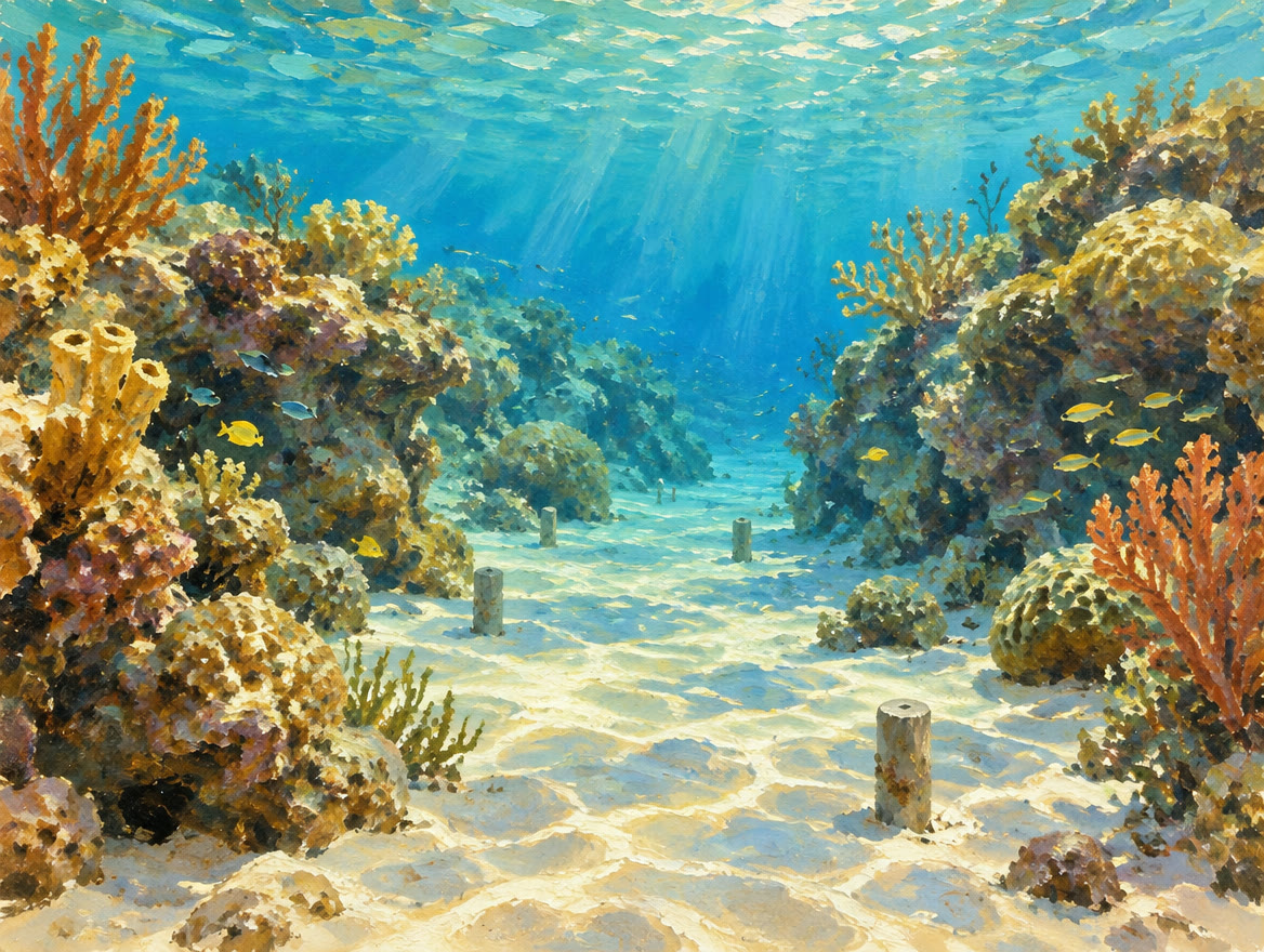 Painted underwater view of a sandy channel between coral heads with plain markers